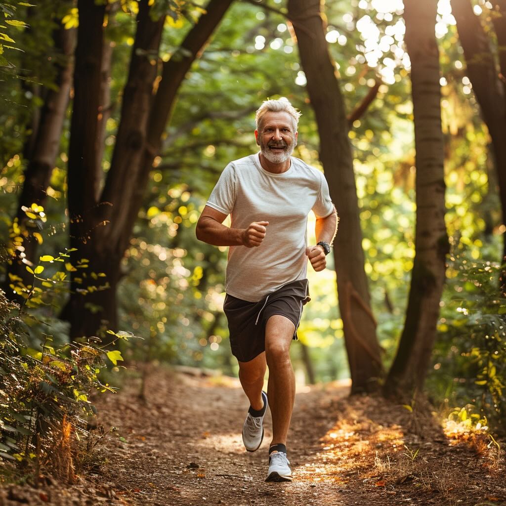 a healthy man jogs in the woods